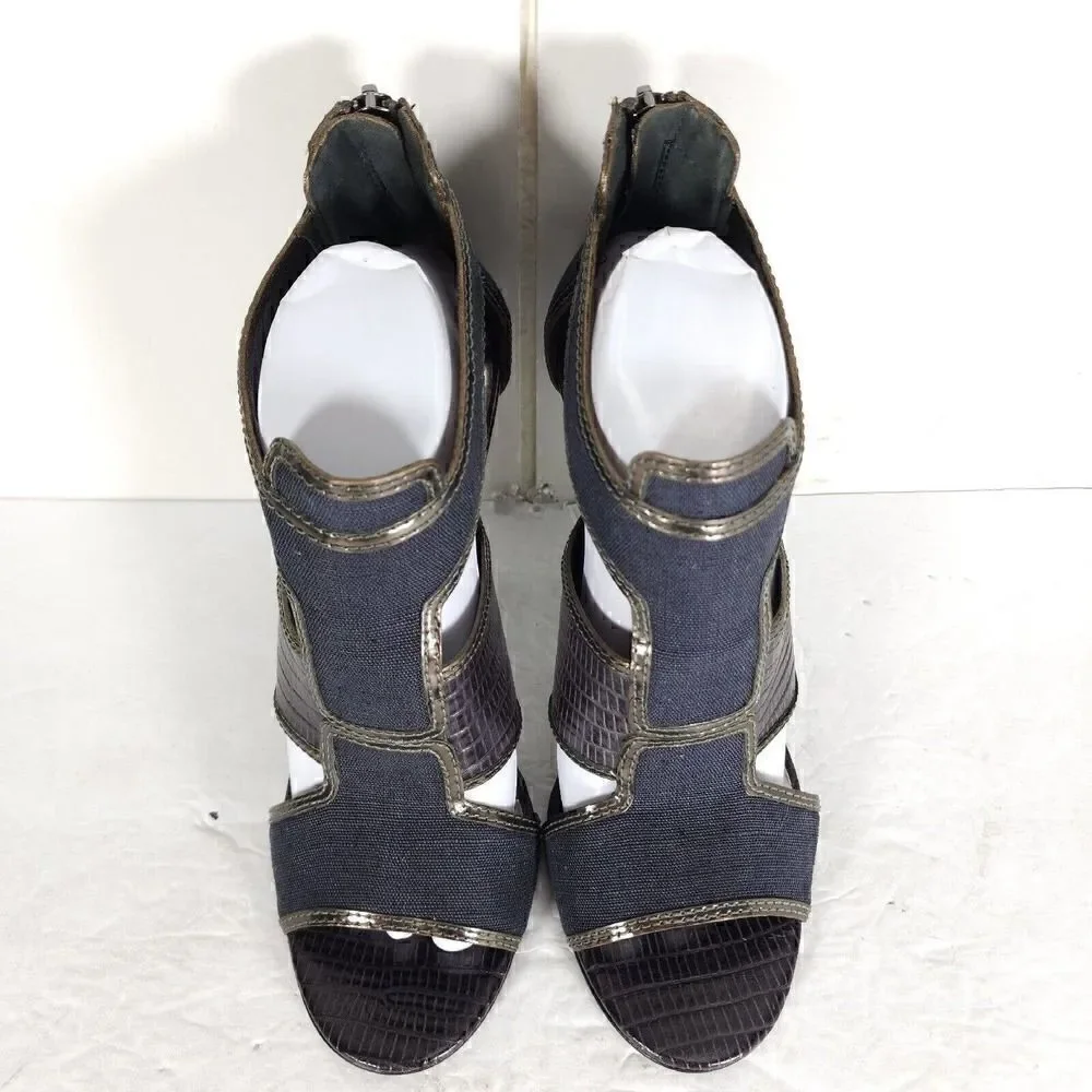 Tory Burch Women's US 10M Blue Canvas Leather Animal Print Cut-Out Heeled Sandal